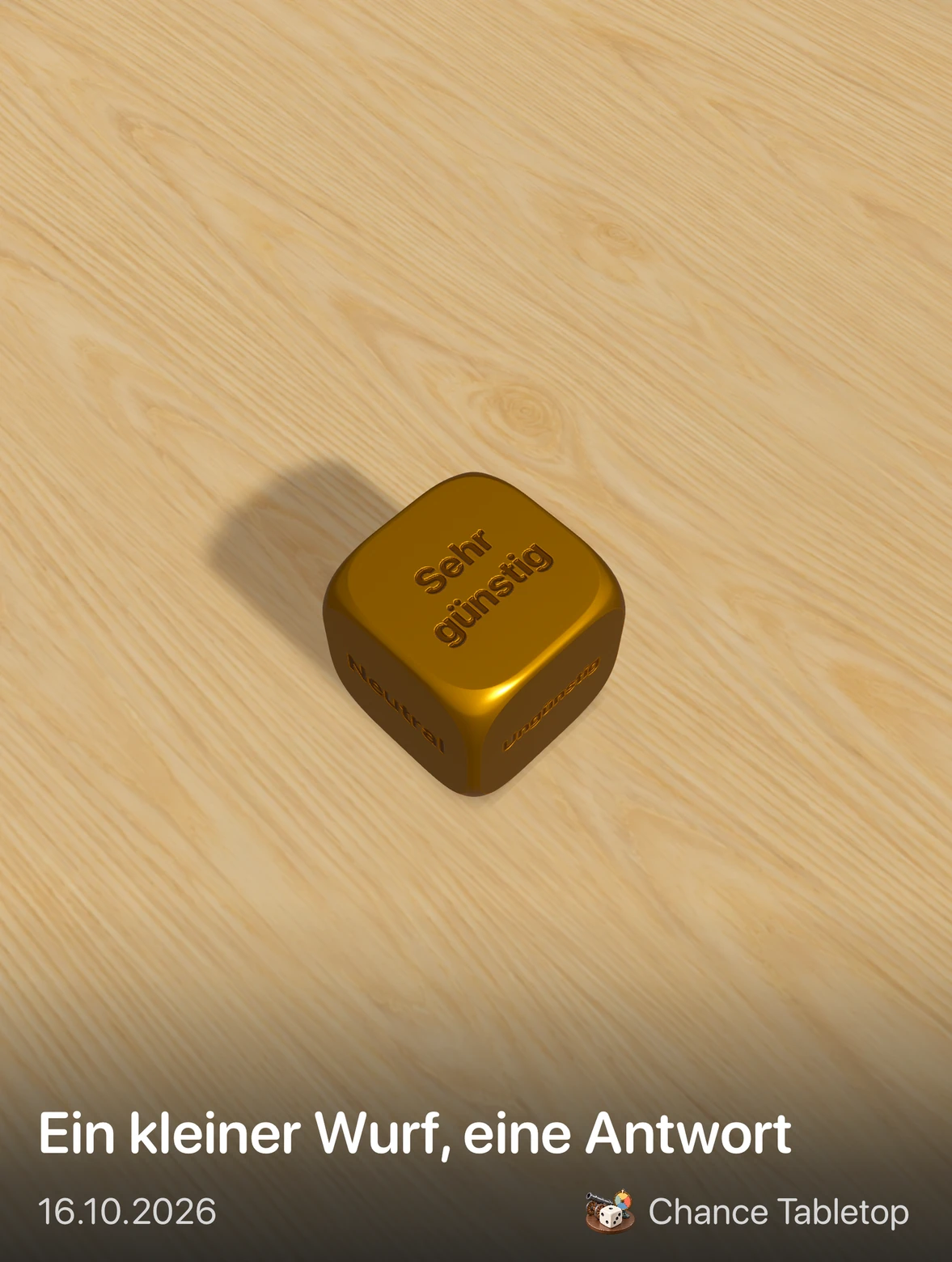 Ein goldener Würfel auf dem Holzboden als Karte zum Teilen.